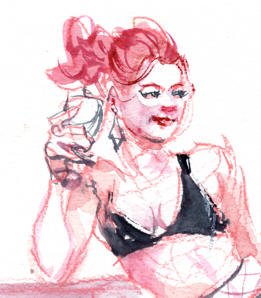 Artistic illustration of a woman wearing a black bra with red hair and makeup.