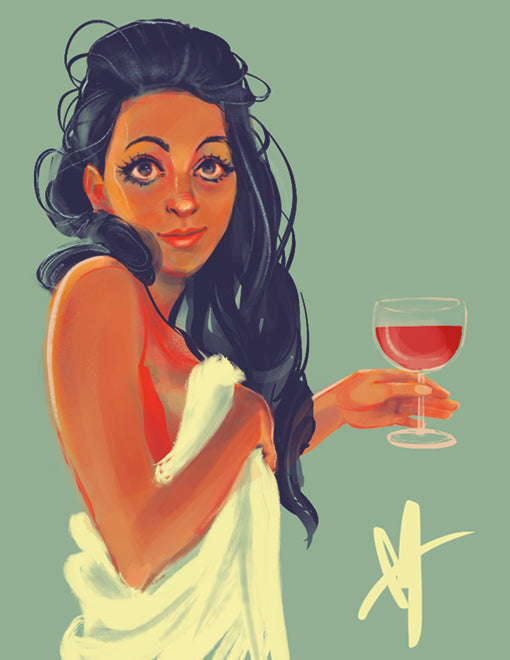 Digital drawing of a woman holding a glass of wine with one hand and a towel to her body with the other. She's looking right at the viewer.