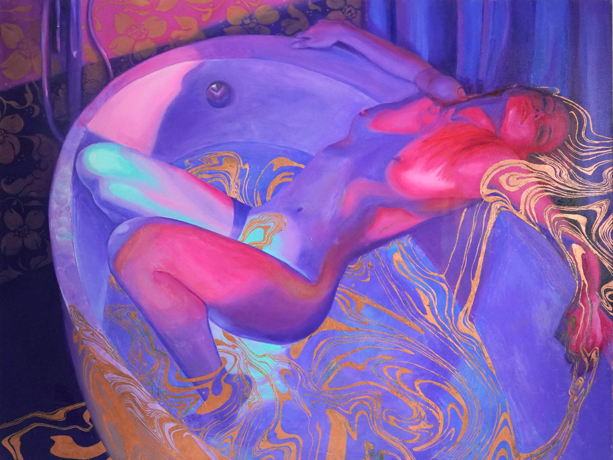 End of the Rainbow — oil and copper foil on canvas self-portrait by Summer Voelker, 36 × 48 inches