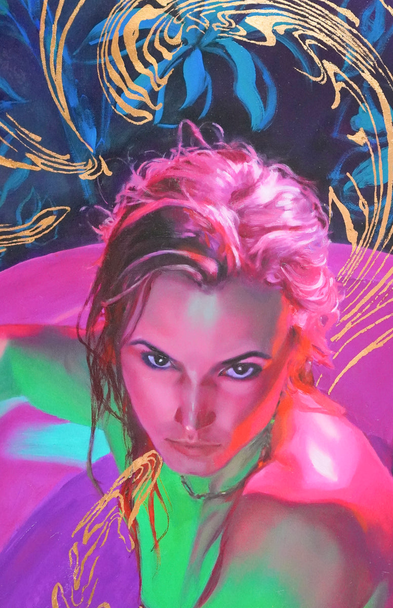 The Female Gaze (detail) — oil and copper foil on canvas by Summer Voelker