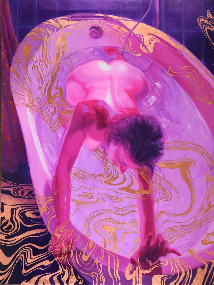 Little (Wo)man In the Boat — oil and copper foil on canvas self-portrait by Summer Voelker, 48 × 36 inches