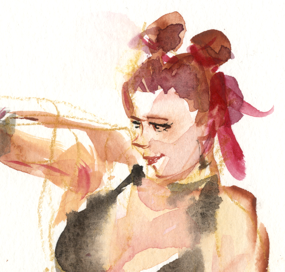 Close-up of a female ninja with space buns in a dynamic pose with a sword, wearing a cool outfit with red accents.