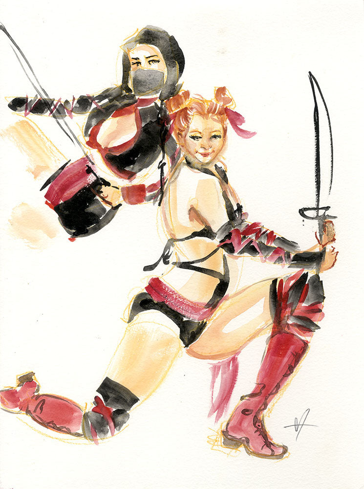 Illustration of two ninja babes in a dynamic pose with weapons on a white background