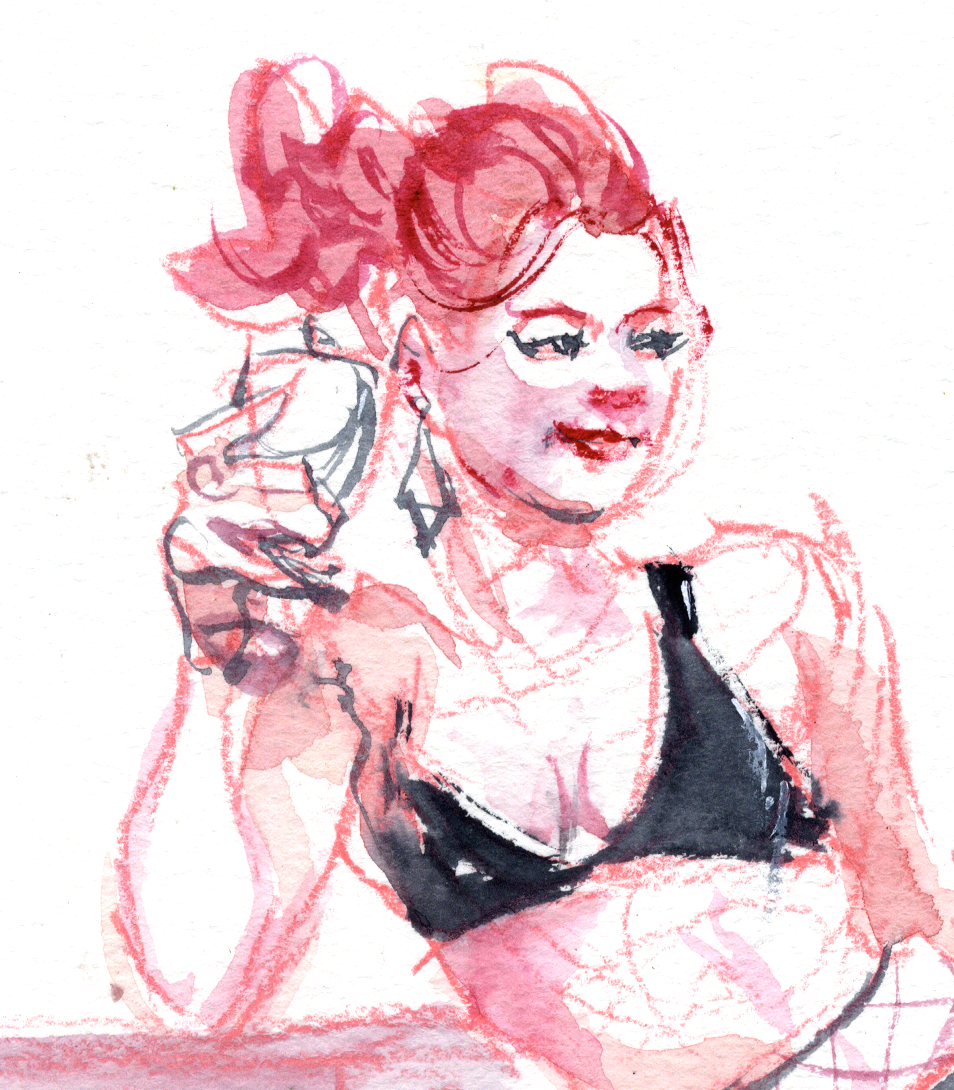 Artistic illustration of a woman wearing a black bra with red hair and makeup.